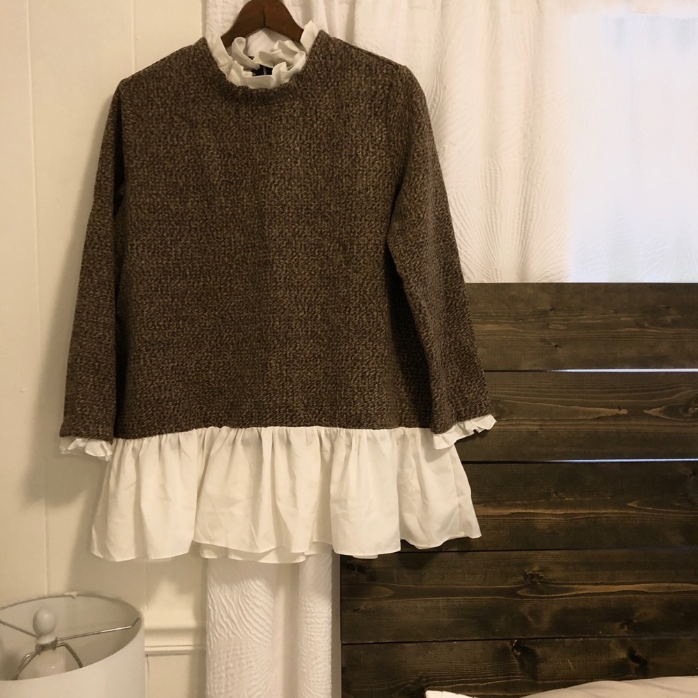 Brown Tweed Tunic with Ruffle Detailing